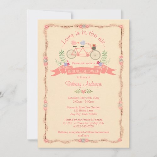 Tandem Bicycle Birds and Banner Bridal Shower Invitation