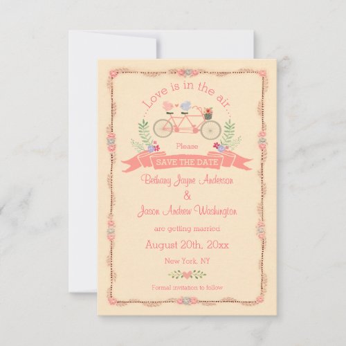 Tandem Bicycle Birds and Banner Save The Date Invitation