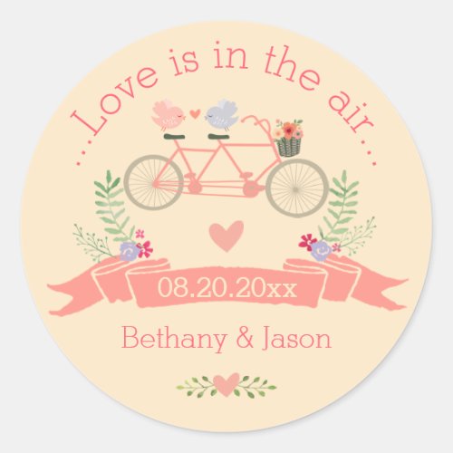 Tandem Bicycle Birds and Banner Wedding Classic Round Sticker