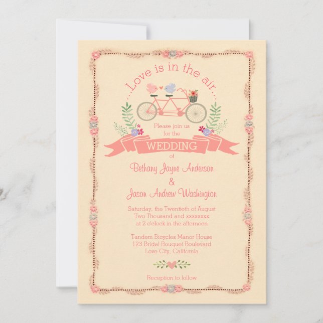 Tandem Bicycle, Birds and Banner Wedding Invitation (Front)