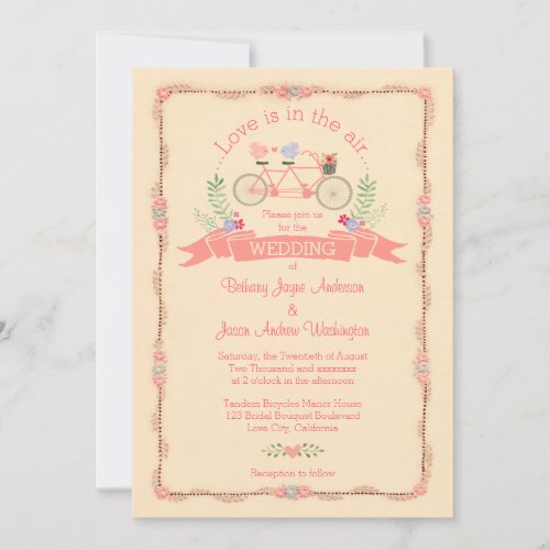 Tandem Bicycle Birds and Banner Wedding Invitation