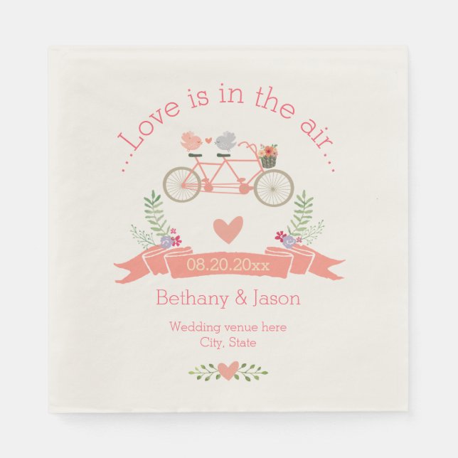 Tandem Bicycle, Birds and Banner Wedding Paper Napkins (Front)