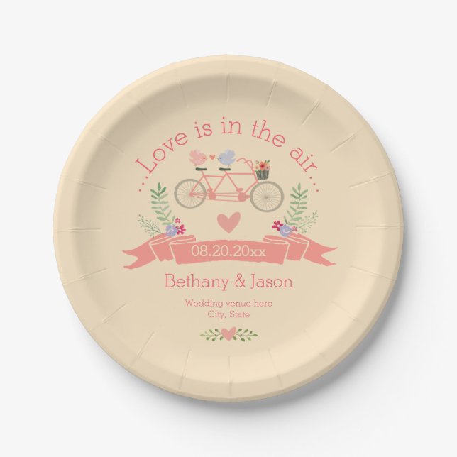 Tandem Bicycle, Birds and Banner Wedding Paper Plates (Front)
