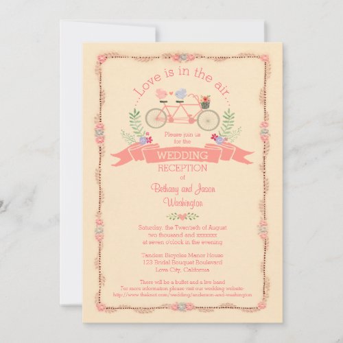 Tandem Bicycle Birds and Banner Wedding Reception Invitation