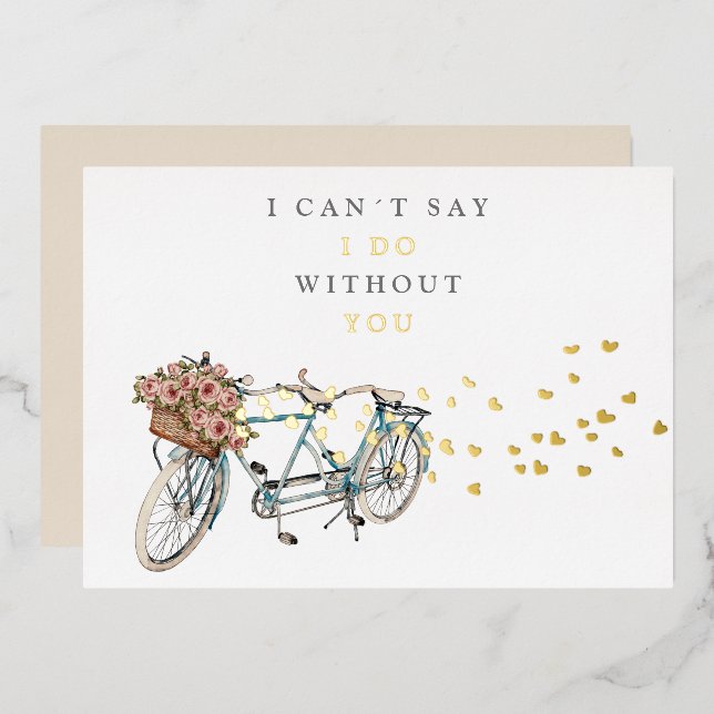 tandem bicycle bridesmaid proposal gold foil invitation (Front/Back)