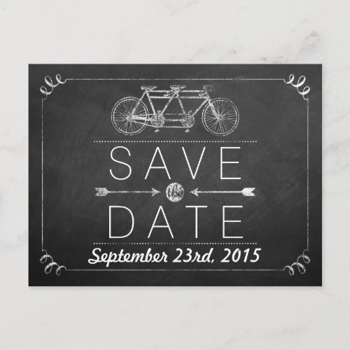 Tandem Bicycle Chalkboard Typography Wedding Announcement Postcard