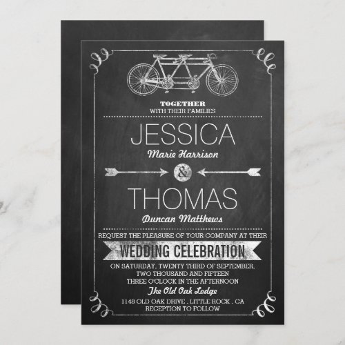 Tandem Bicycle Chalkboard Typography Wedding Invitation