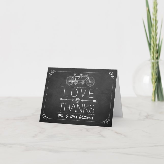 Tandem Bicycle Chalkboard Typography Wedding Letterpress Thank You Card (Front)