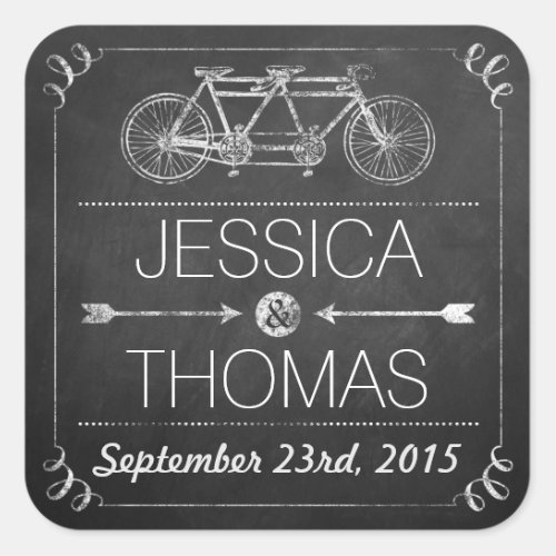 Tandem Bicycle Chalkboard Typography Wedding Square Sticker