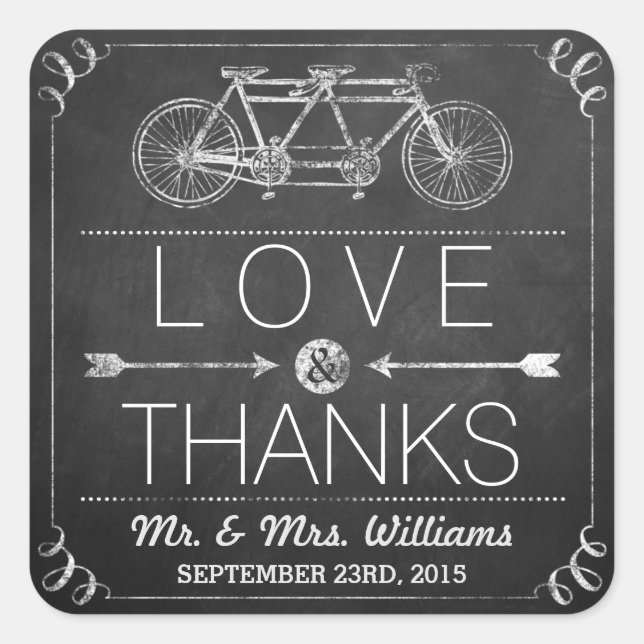 Tandem Bicycle Chalkboard Typography Wedding Square Sticker (Front)