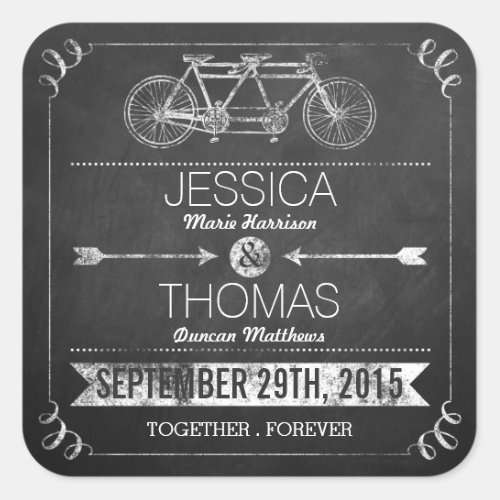 Tandem Bicycle Chalkboard Typography Wedding Square Sticker