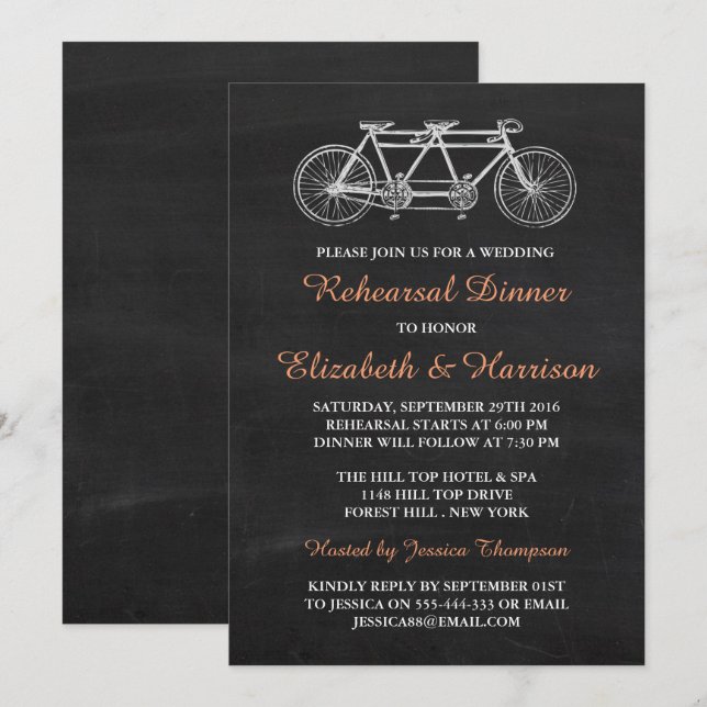 Tandem Bicycle Chalkboard Wedding Rehearsal Dinner Invitation (Front/Back)