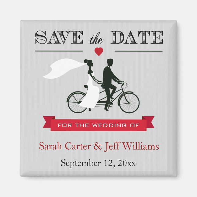 Tandem Bicycle Grey and Red Save the Date Magnets (Front)