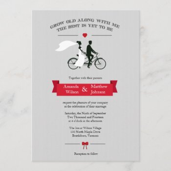 Tandem Bicycle Grey And Red Wedding Invitations by PMCustomWeddings at Zazzle
