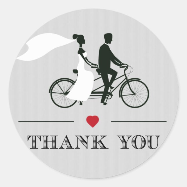 Tandem Bicycle Grey Wedding Thank You Stickers (Front)