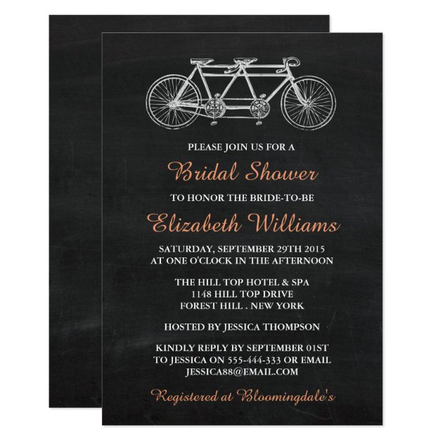 Tandem Bicycle On Chalkboard Bridal Shower Invitation