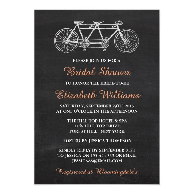 Tandem Bicycle On Chalkboard Bridal Shower Invitation