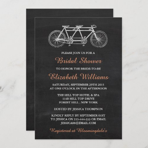 Tandem Bicycle On Chalkboard Bridal Shower Invitation