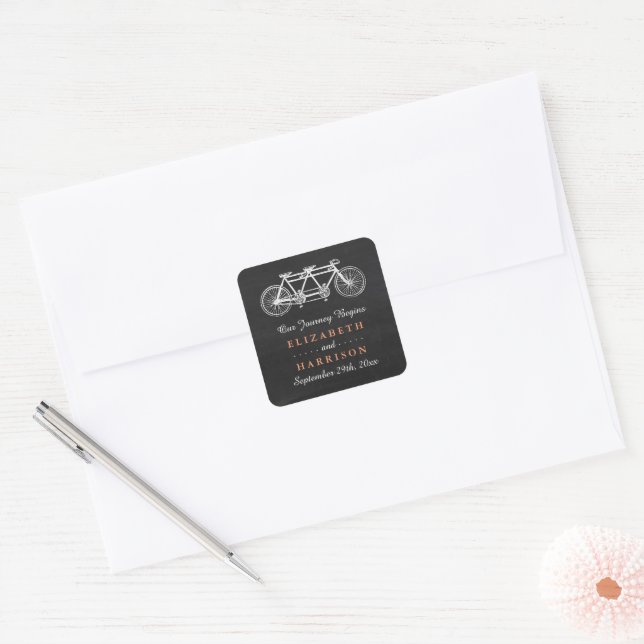 Tandem Bicycle On Chalkboard Wedding Favor Square Sticker (Envelope)