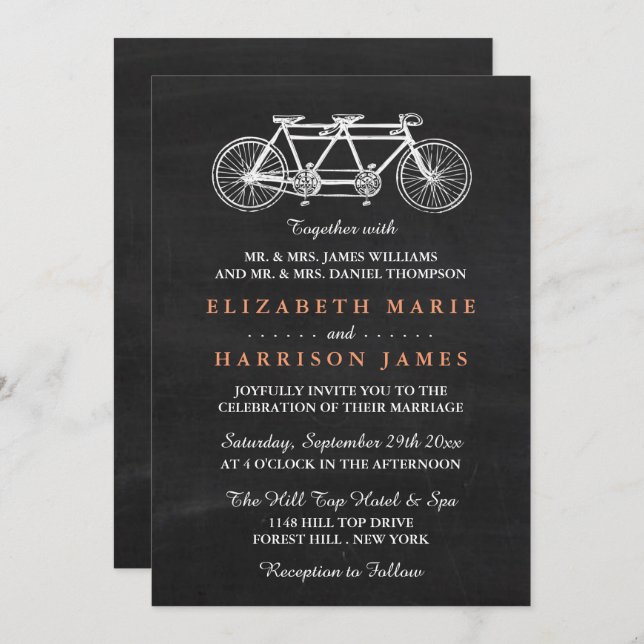 Tandem Bicycle On Chalkboard Wedding Invitation (Front/Back)