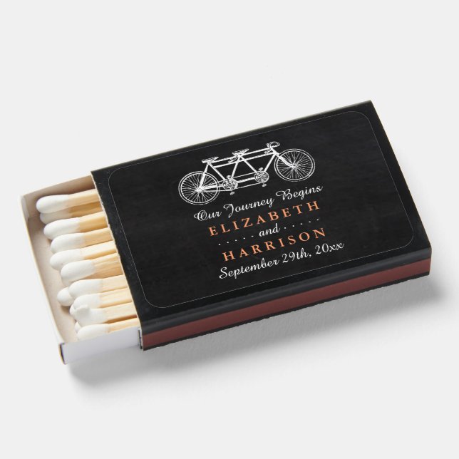 Tandem Bicycle On Chalkboard Wedding Matchboxes (Front Open)