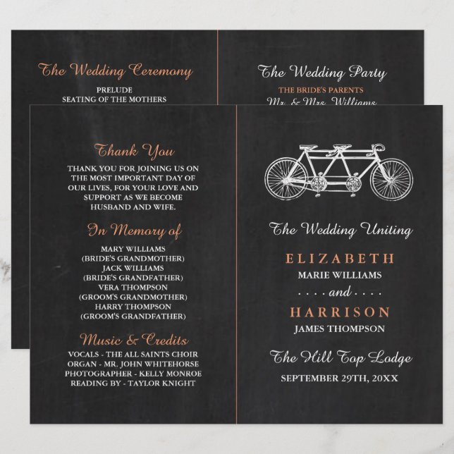 Tandem Bicycle On Chalkboard Wedding Program (Front/Back)
