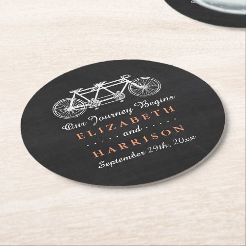 Tandem Bicycle On Chalkboard Wedding Round Paper Coaster