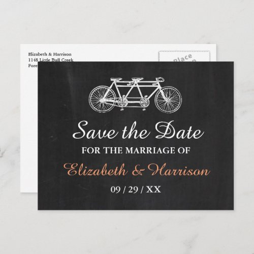 Tandem Bicycle On Chalkboard Wedding Save The Date Announcement Postcard