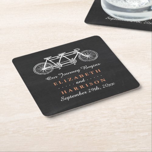 Tandem Bicycle On Chalkboard Wedding Square Paper Coaster