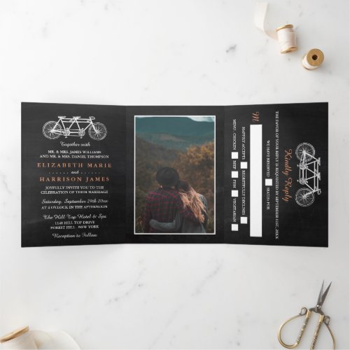 Tandem Bicycle On Chalkboard Wedding Suite Tri_Fold Invitation