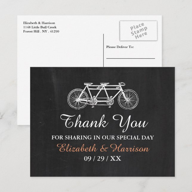 Tandem Bicycle On Chalkboard Wedding Thank You Postcard (Front/Back)