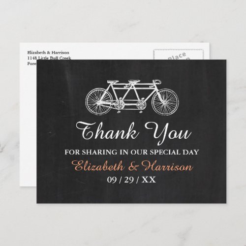 Tandem Bicycle On Chalkboard Wedding Thank You Postcard