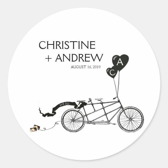 Tandem Bicycle Romantic Casual Wedding Custom Classic Round Sticker (Front)