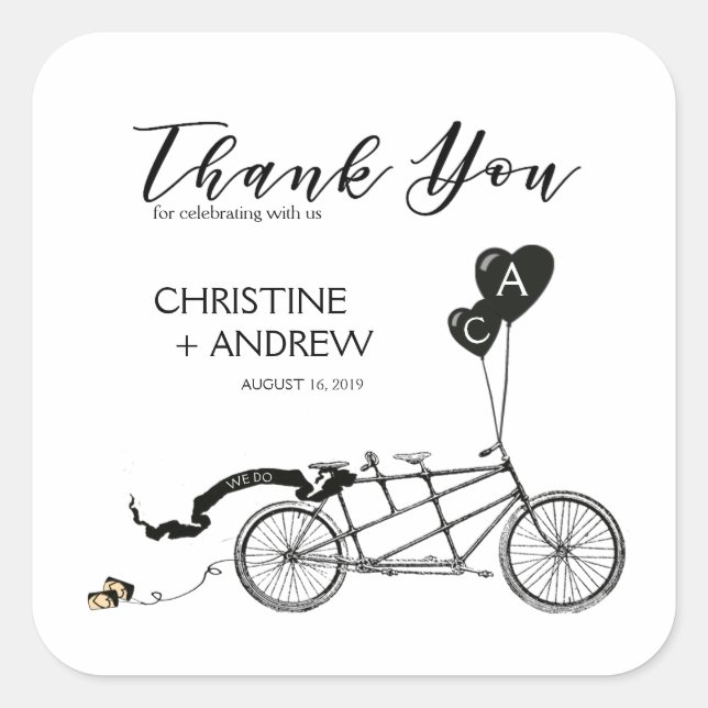 Tandem Bicycle Romantic Casual Wedding Custom Square Sticker (Front)