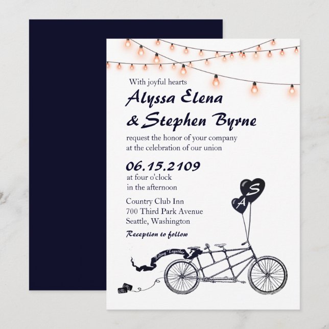 Tandem Bicycle Romantic Casual Wedding Invitation (Front/Back)