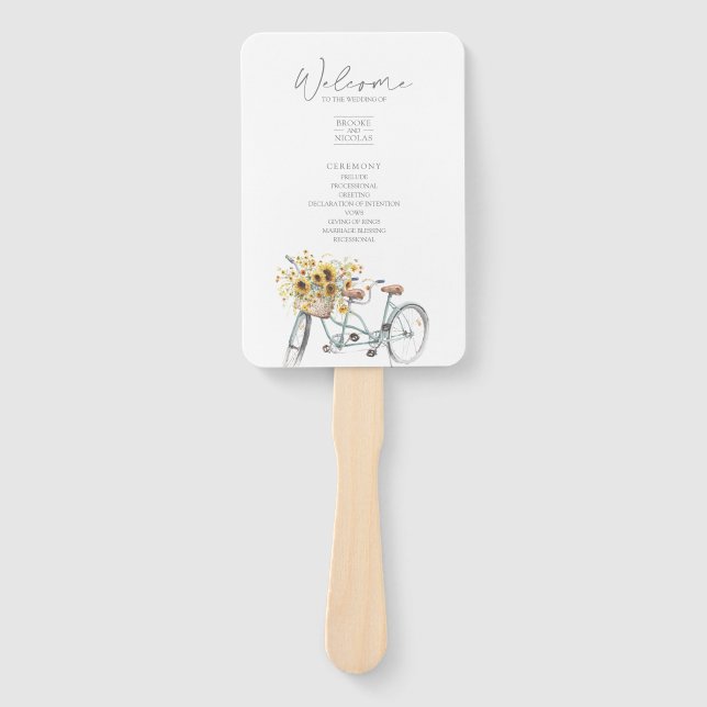 Tandem Bicycle Rustic Sunflower Watercolor Wedding Hand Fan (Front)