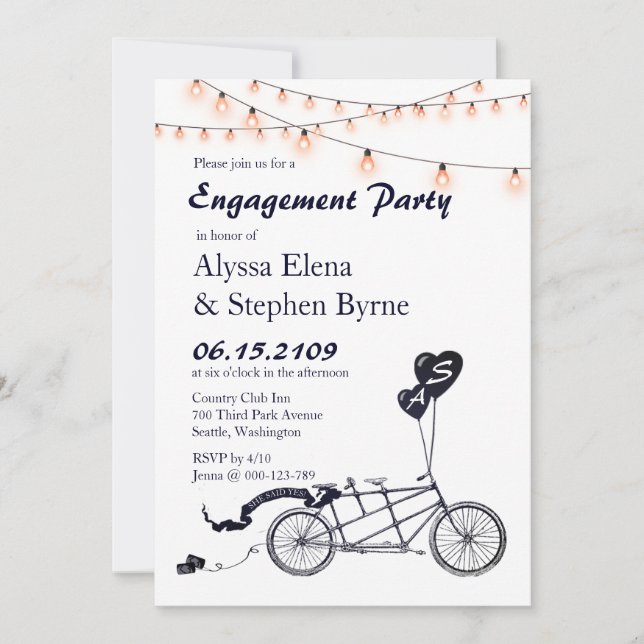 Tandem Bicycle String Lights Engagement Party Invitation (Front)