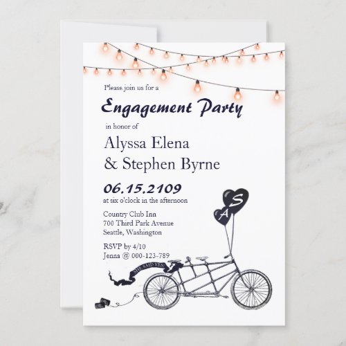 Tandem Bicycle String Lights Engagement Party Invitation