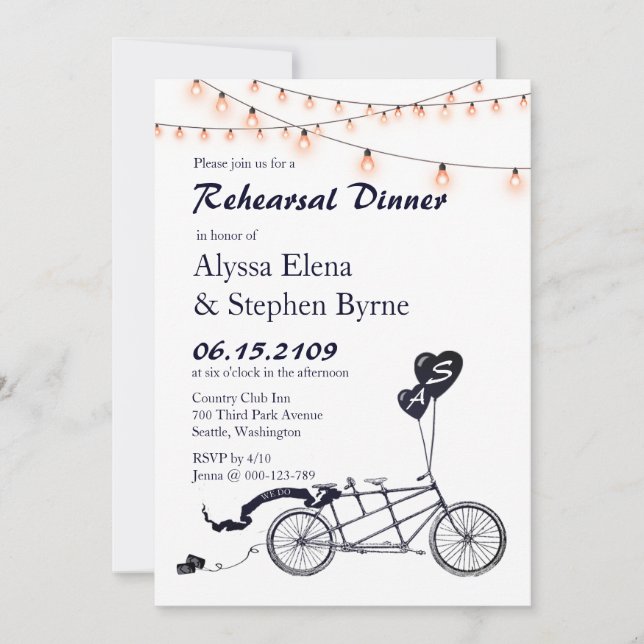 Tandem Bicycle String Lights Rehearsal Dinner Invitation (Front)