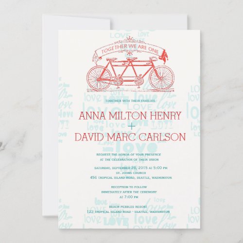 Tandem Bicycle  Together Were ONE Wedding Invitation