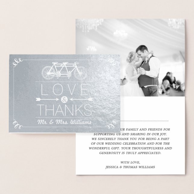 Tandem Bicycle Typography Photo Wedding Thank You Foil Card (Display)