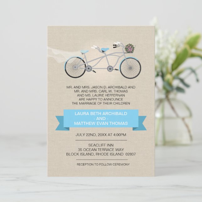 Tandem Bicycle Wedding Faux Linen Invitation (Standing Front)