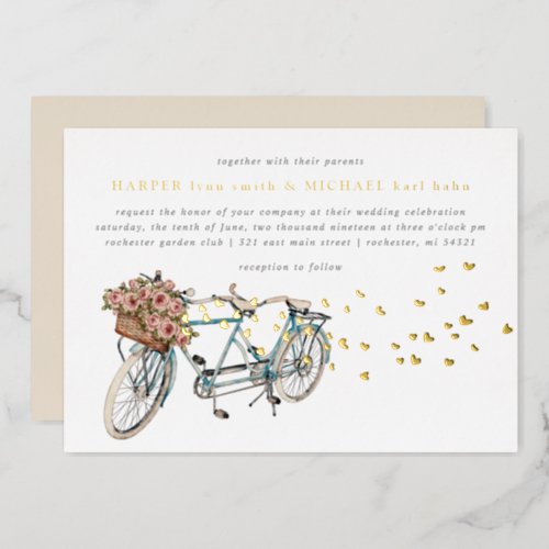tandem bicycle wedding gold foil invitation