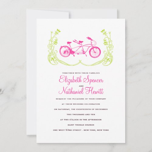 Tandem Bicycle Wedding Invitation Pink Green