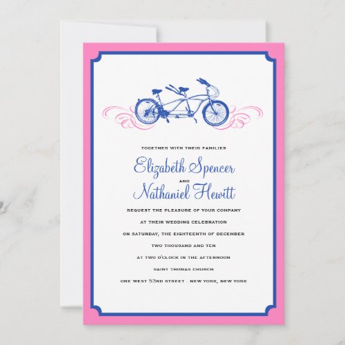 Tandem Bicycle Wedding Invitation Pink Navy Blue