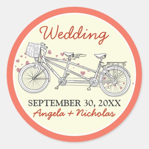 Tandem Bicycle Wedding Invitation Seal coral