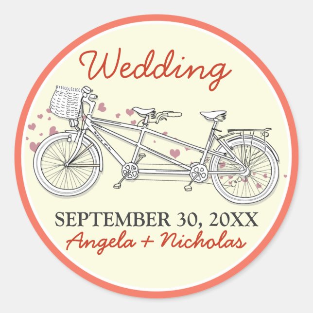 Tandem Bicycle Wedding Invitation Seal (coral) (Front)