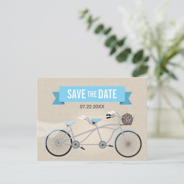 Tandem Bicycle Wedding Save the Date Announcement Postcard (Standing Front)