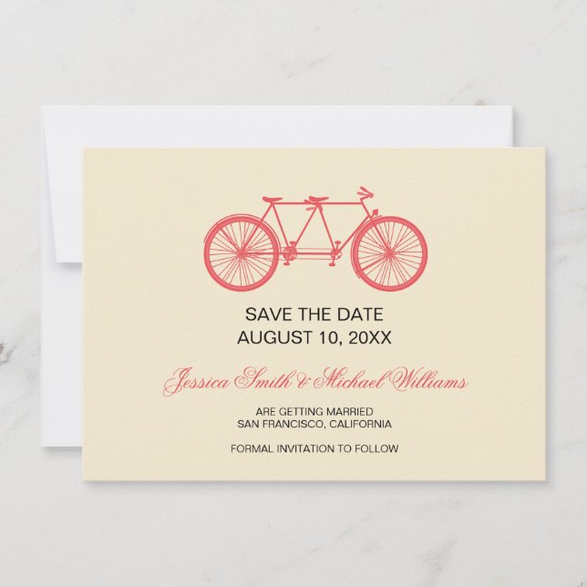 Tandem Bicycle Wedding Save The Date Pink Ecru (Front)