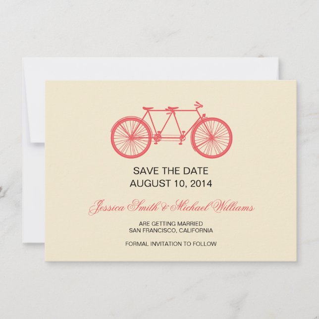 Tandem Bicycle Wedding Save The Date Pink Ecru (Front)